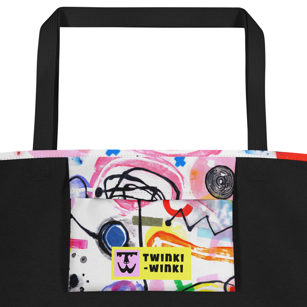 Inside pocket with multicolor Bazinga  print and black interior lining of graphic tote bag.