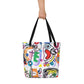 Big sturdy graphic tote bag with multicolor Bonanza print on front and black straps held up with hand.