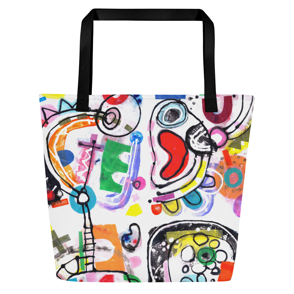 Big sturdy graphic tote bag with multicolor Bonanza print on reverse and black straps.