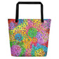 Big sturdy graphic tote bag with multicolor Macaroni print on front and black straps.