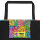 Inside pocket with multicolor Macaroni print and black interior lining of graphic tote bag.