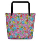 Big sturdy graphic tote bag with multicolor Popcornfroops print on front and black straps.