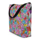 Big sturdy graphic tote bag with two multicolor prints in Popcornfroops-Zigzag design and black straps.