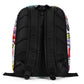 Graphic minimal design city style backpack with black soft mesh padded back and shoulder straps and colorful print on front.