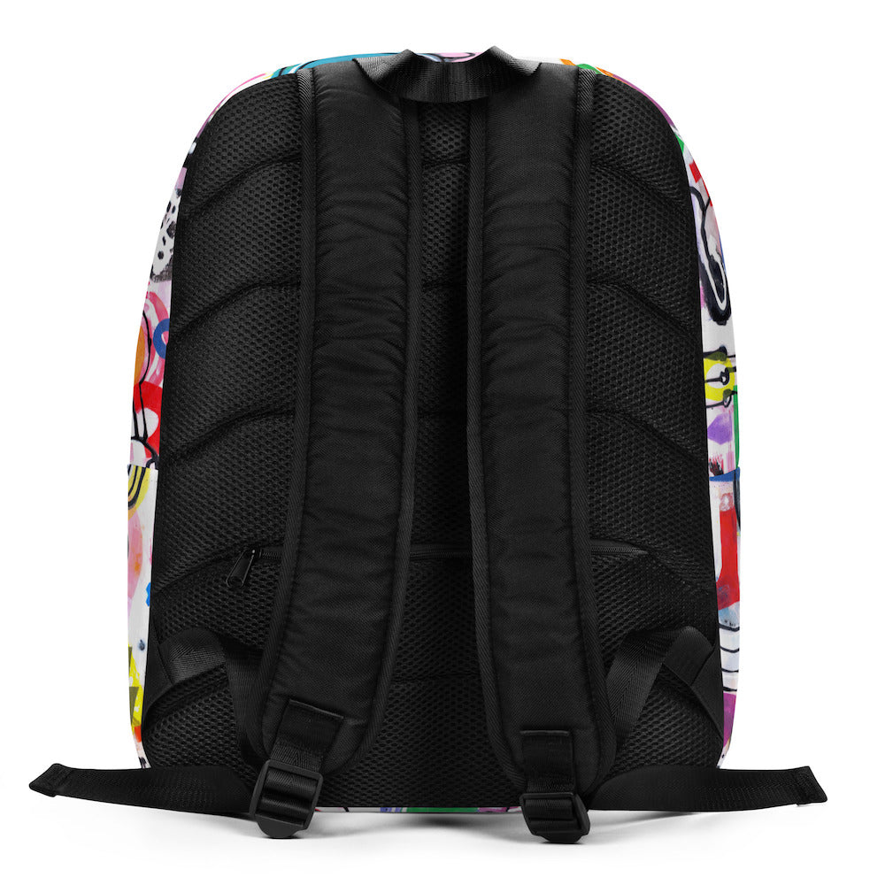 Graphic minimal design city style backpack with black soft mesh padded back and shoulder straps and colorful print on front.