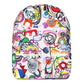 Graphic minimal design city style backpack with fun multicolor Treasure Map print and black zipper pulls, front view.