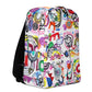 Graphic minimal design city style backpack with fun multicolor Treasure Map print and black shoulder straps, left side view.