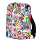 Graphic minimal design city style backpack with fun multicolor Treasure Map print and black shoulder straps, right side view.