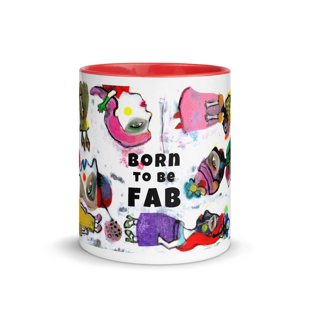 Graphic coffee mug with slogan Born To Be Fab and yellow accent color on rim, handle and interior. Colorful Fab Ladies design, front view.