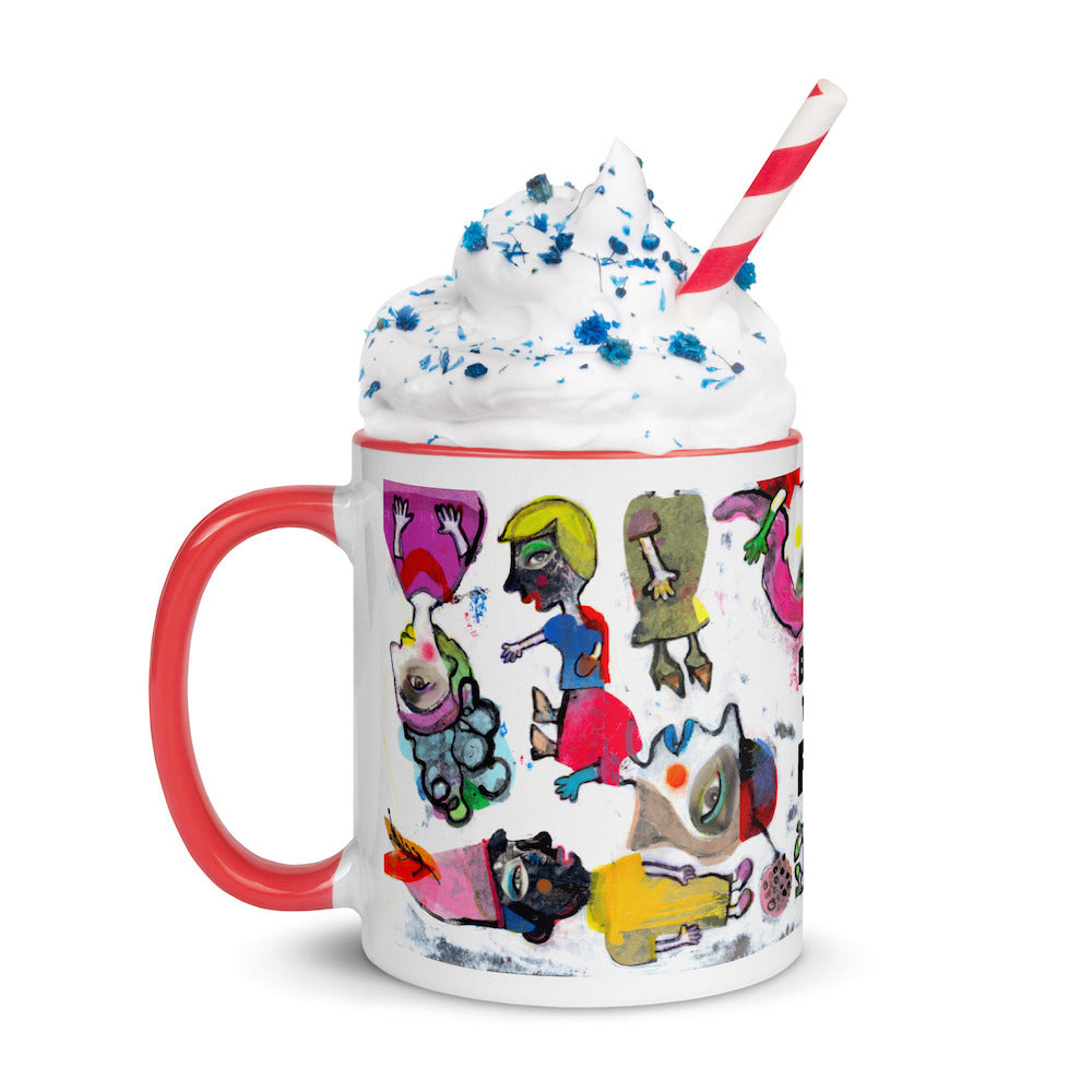 Graphic coffee mug with slogan Born To Be Fab and red accent color on rim and handle with whipped cream left view.