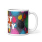Colorful ceramic coffee mug with quirky slogan Just Ducky in white letters on Dripdrop design, right handle view of 11 ounce mug size.