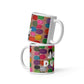 Two stacked colorful ceramic 11 ounce coffee mugs with quirky slogan Just Ducky in white letters on Flipflop design. 