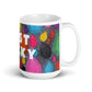 Big colorful ceramic coffee mug with quirky slogan Just Ducky in white letters on Dripdrop design, right handle view of 15 ounce mug size.
