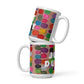Two stacked colorful ceramic 15 ounce coffee mugs with quirky slogan Just Ducky in white letters on Flipflop design. 
