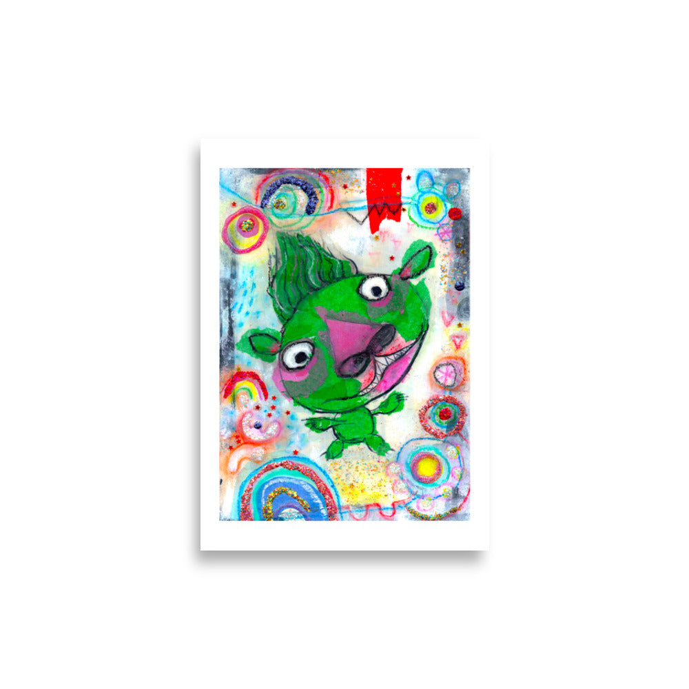 Colorful happy fine art print of a green monster smiling on vibrant background with white border.