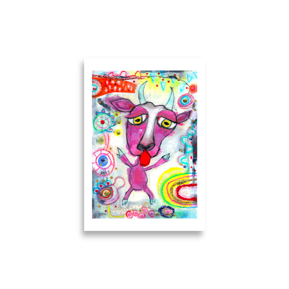 Colorful happy fine art print of a purple goat sticking out tongue on vibrant background with white border.