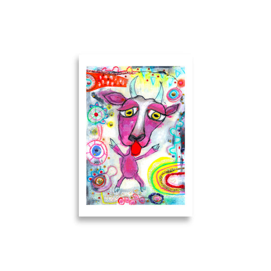 Colorful happy fine art print of a purple goat sticking out tongue on vibrant background with white border.