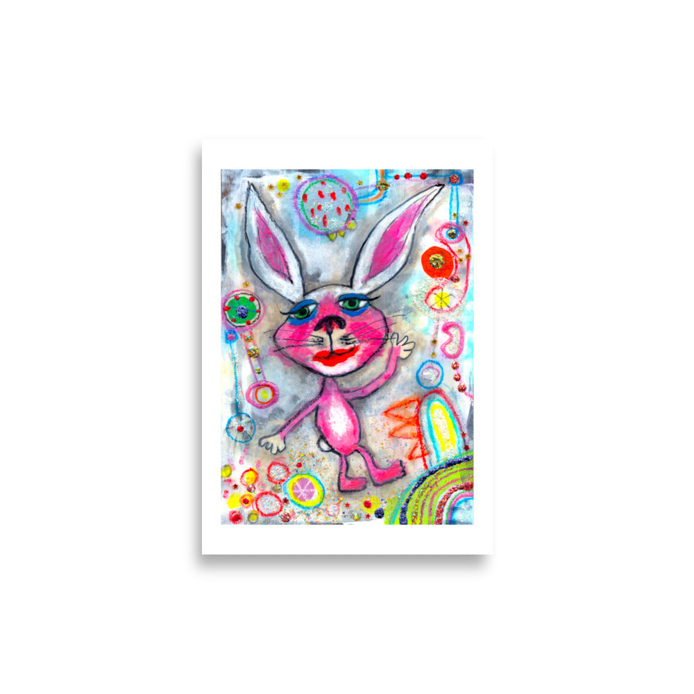Colorful happy fine art print of a pink rabbit waving hello on vibrant background with white border.
