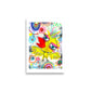 Colorful happy fine art print of a yellow bird singing on vibrant background with white border.