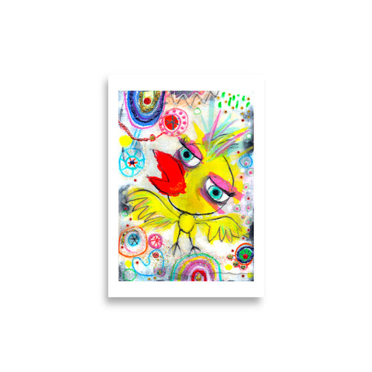 Colorful happy fine art print of a yellow bird singing on vibrant background with white border.