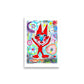 Colorful happy fine art print of a red devil pointing on vibrant background with white border.