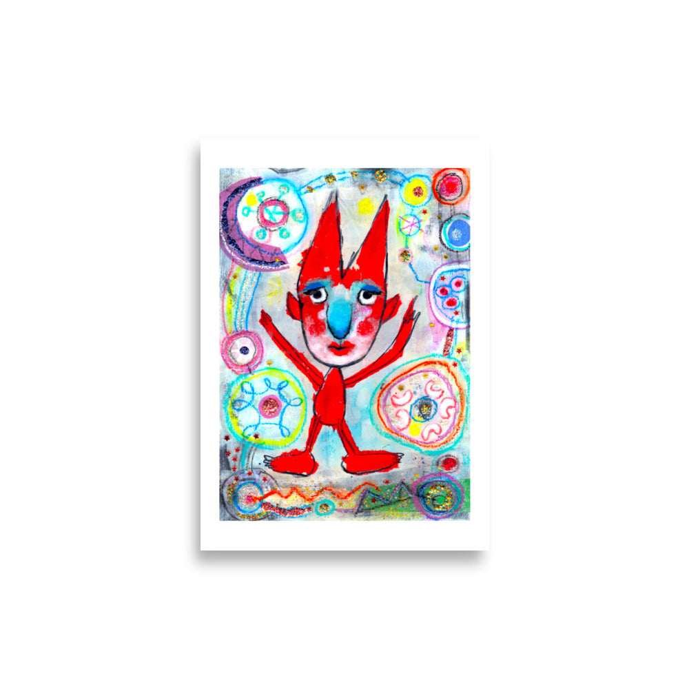 Colorful happy fine art print of a red devil pointing on vibrant background with white border.