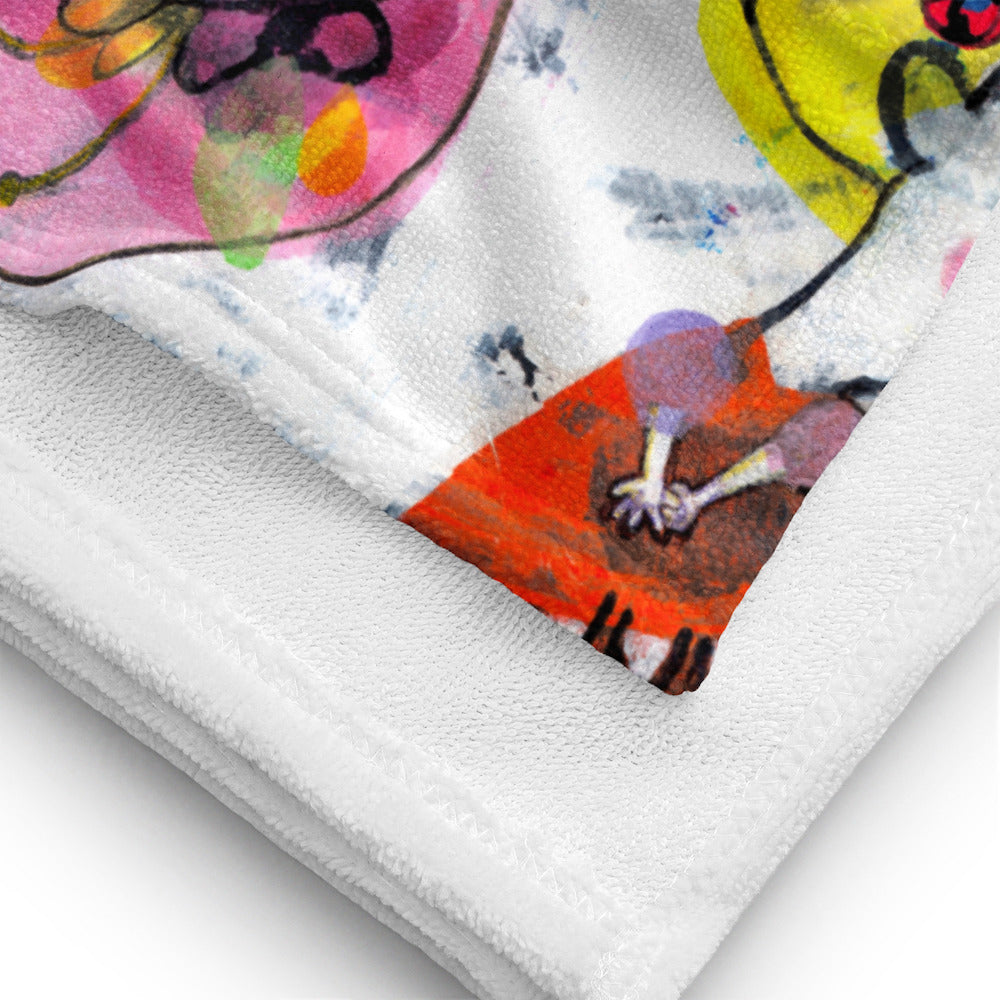 Stylish soft chic beach towel with bold multicolor Fab Ladies print in a vibrant, cheerful, and playful style showing soft fabric detail.