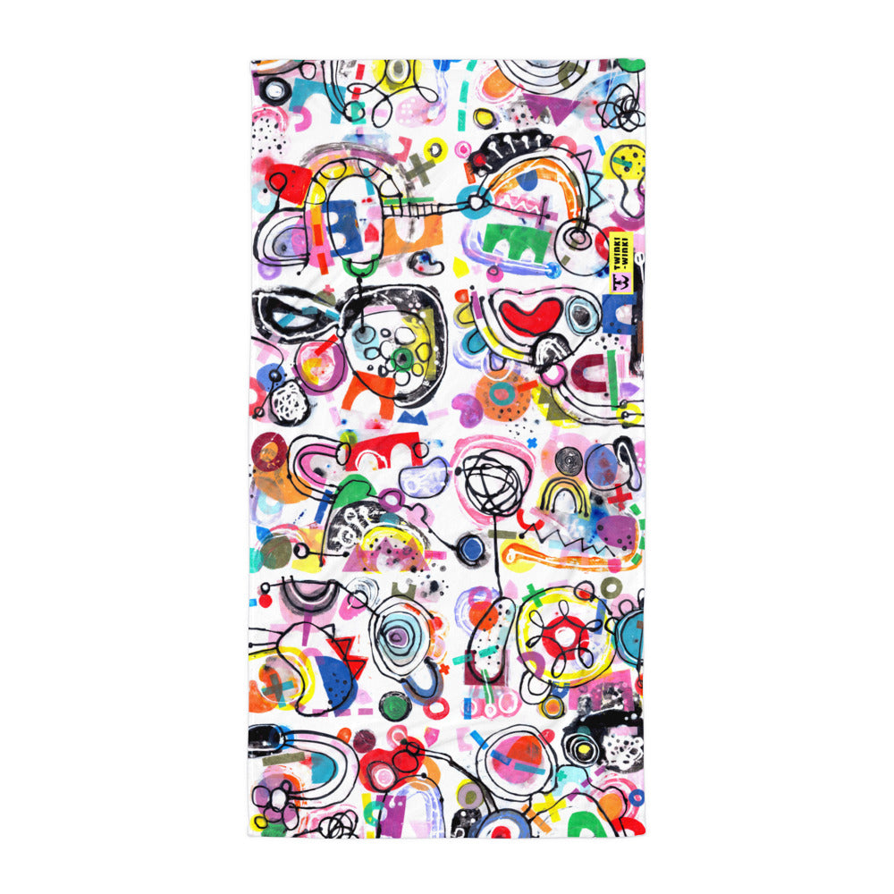 Stylish soft chic beach towel with bold multicolor Treasure Map print in a vibrant, cheerful, and playful style.