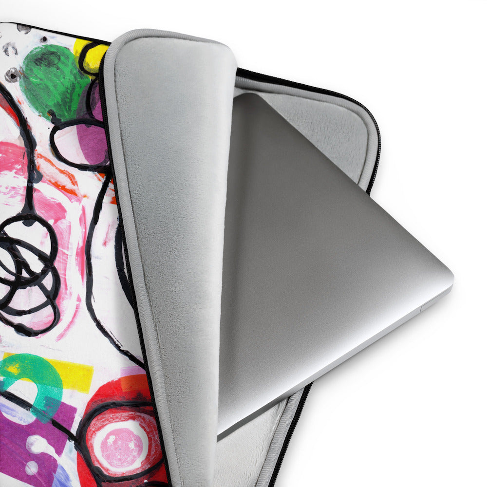 Soft furry lining in gray color of graphic laptop case with rainbow-inspired multicolor print in Euphoria, 13 inch size.
