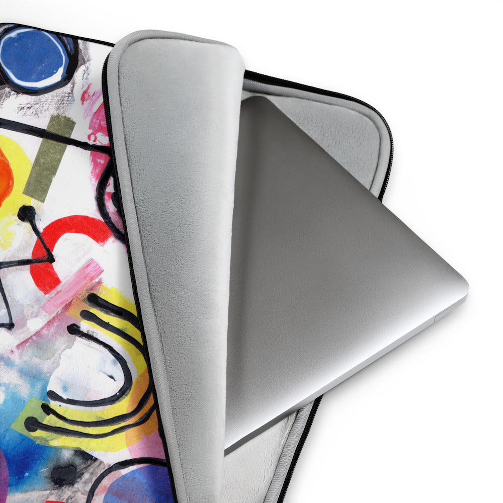 Soft furry lining in gray color of graphic laptop case with rainbow-inspired multicolor print in Eureka, 13 inch size.