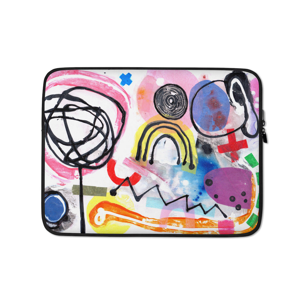 Sturdy graphic laptop case with rainbow-inspired multicolor print in Eureka design and black zipper binding, 13 inch size.
