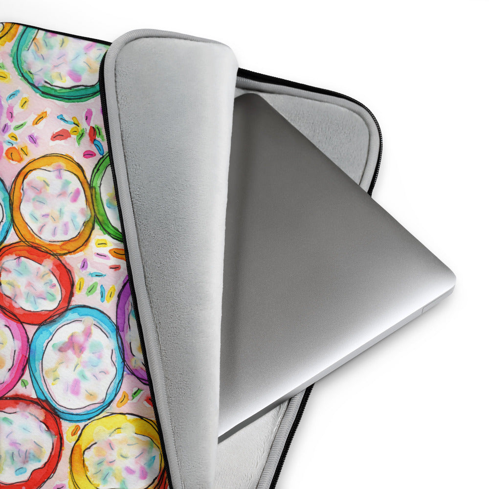 Soft furry lining in gray color of graphic laptop case with rainbow-inspired multicolor print in Frosted Cookies, 13 inch size