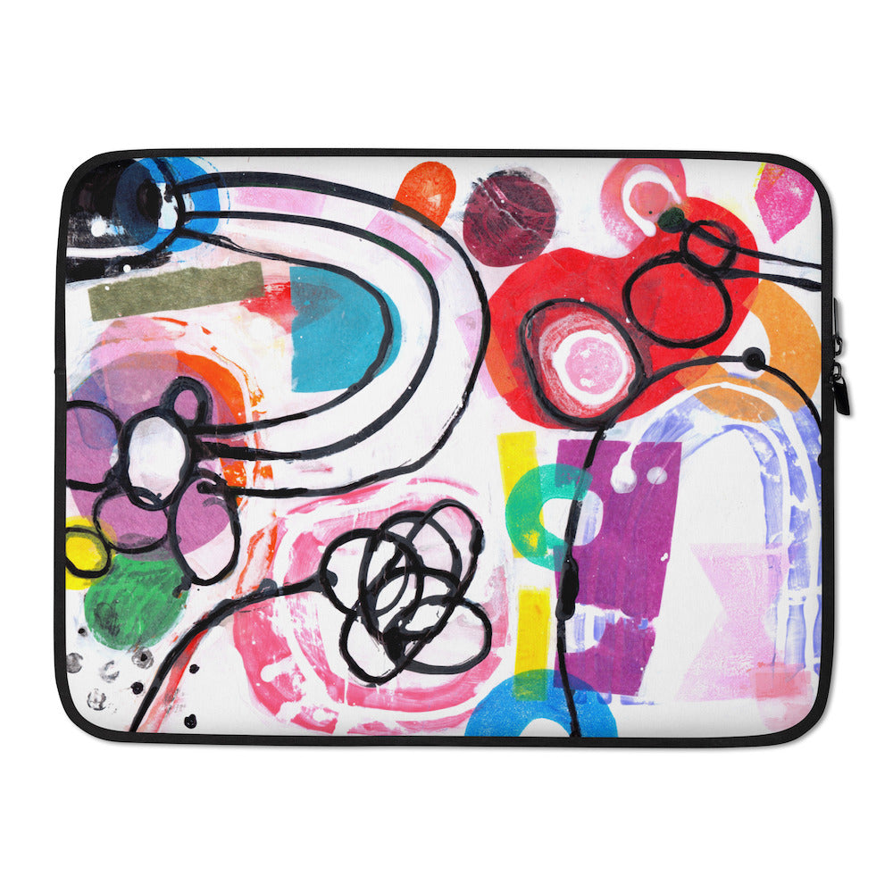 Sturdy graphic laptop case with rainbow-inspired multicolor print in Euphoria design and black zipper binding, 15 inch size.