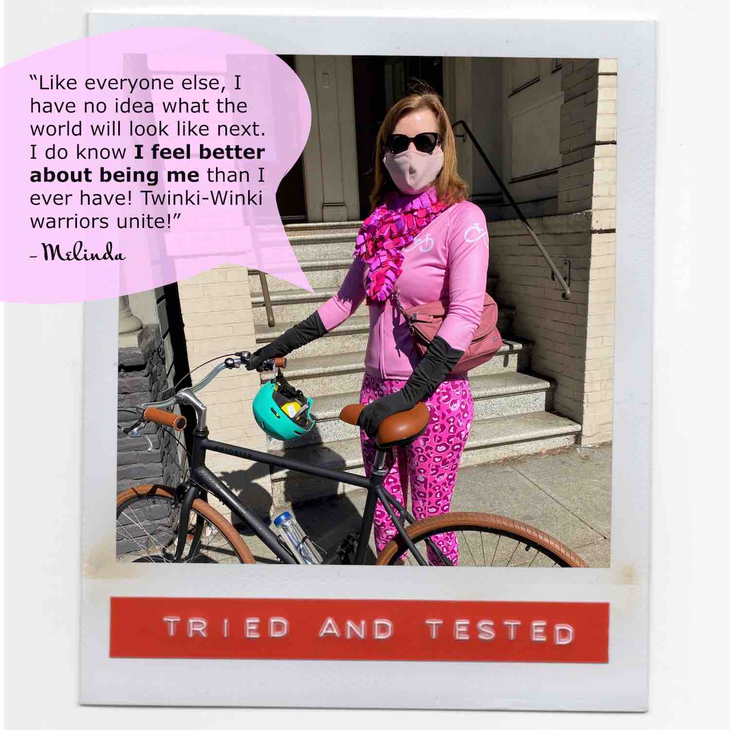 Melinda feeling fab wearing her stylish pink fashion boa scarf while riding her bike around San Francisco.