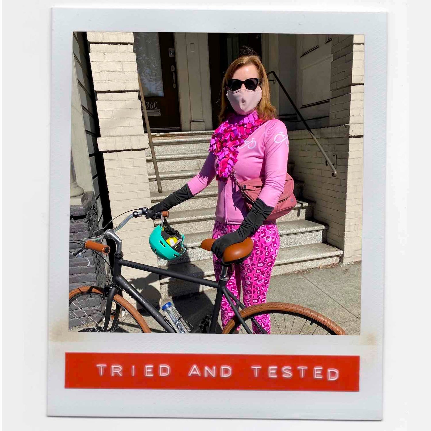 Melinda feeling fab with her happy multicolor fashion boa scarf style outfit while riding her bike around San Francisco.
