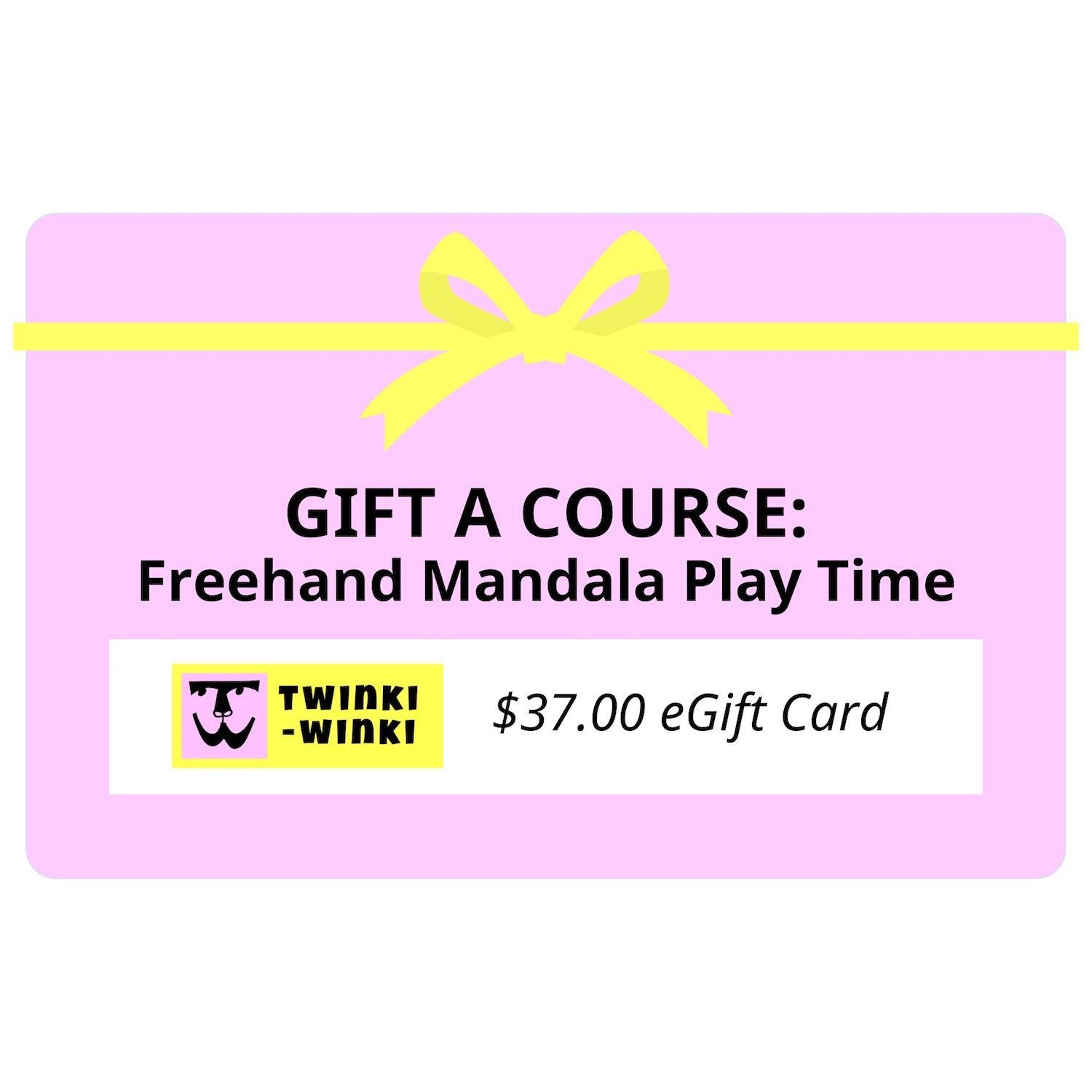 Pink digital gift card with yellow ribbon for the purchase of the online workshop Freehand Mandala Play Time.