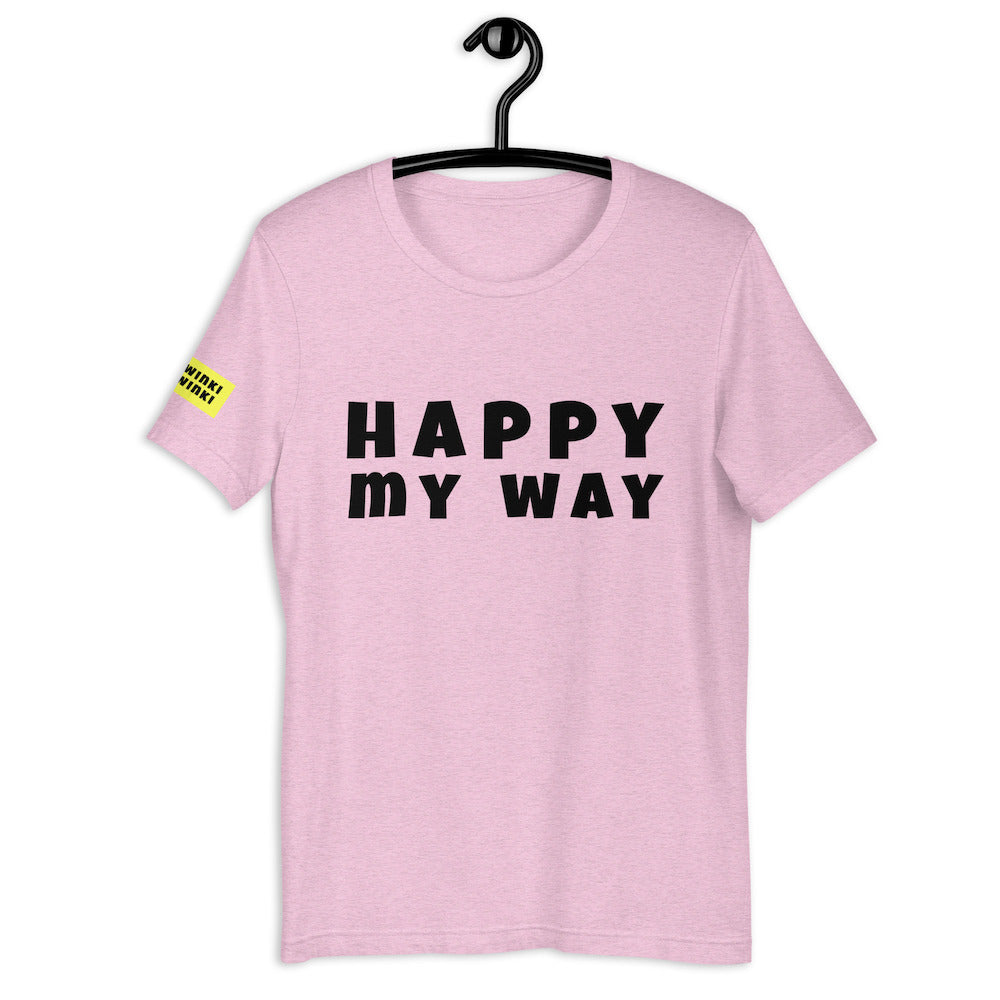Cotton slogan tee in heather lilac color with slogan Happy My Way in black letters on front.