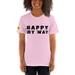 Young woman facing forward wearing cotton slogan tee in heather lilac color with slogan Happy My Way in black letters on front.