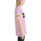 Young woman right side wearing cotton slogan tee in heather lilac color with slogan Happy My Way in black letters on front.