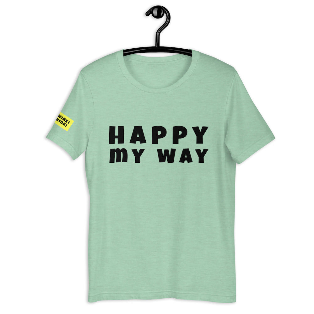Cotton slogan tee in heather mint color with slogan Happy My Way in black letters on front.