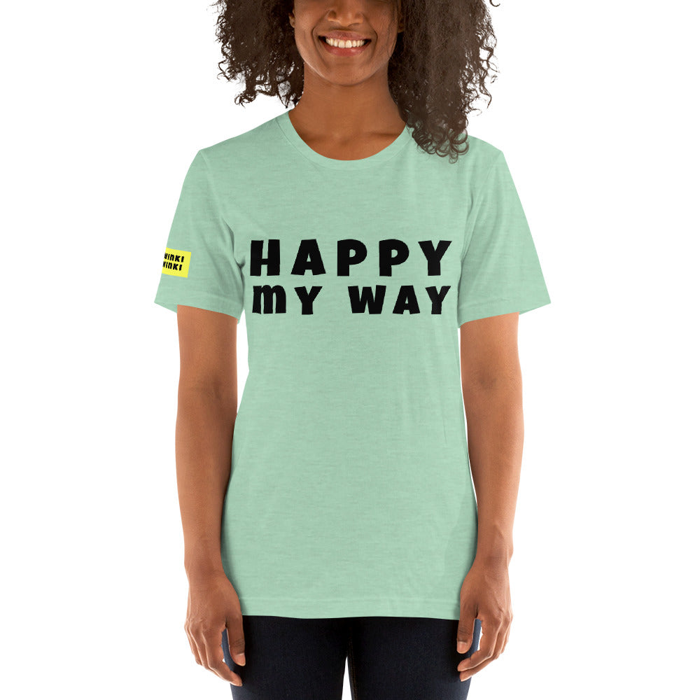 Young woman facing forward wearing cotton slogan tee in heather mint color with slogan Happy My Way in black letters on front.