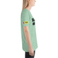 Young woman right side wearing cotton slogan tee in heather mint color with slogan Happy My Way in black letters on front.