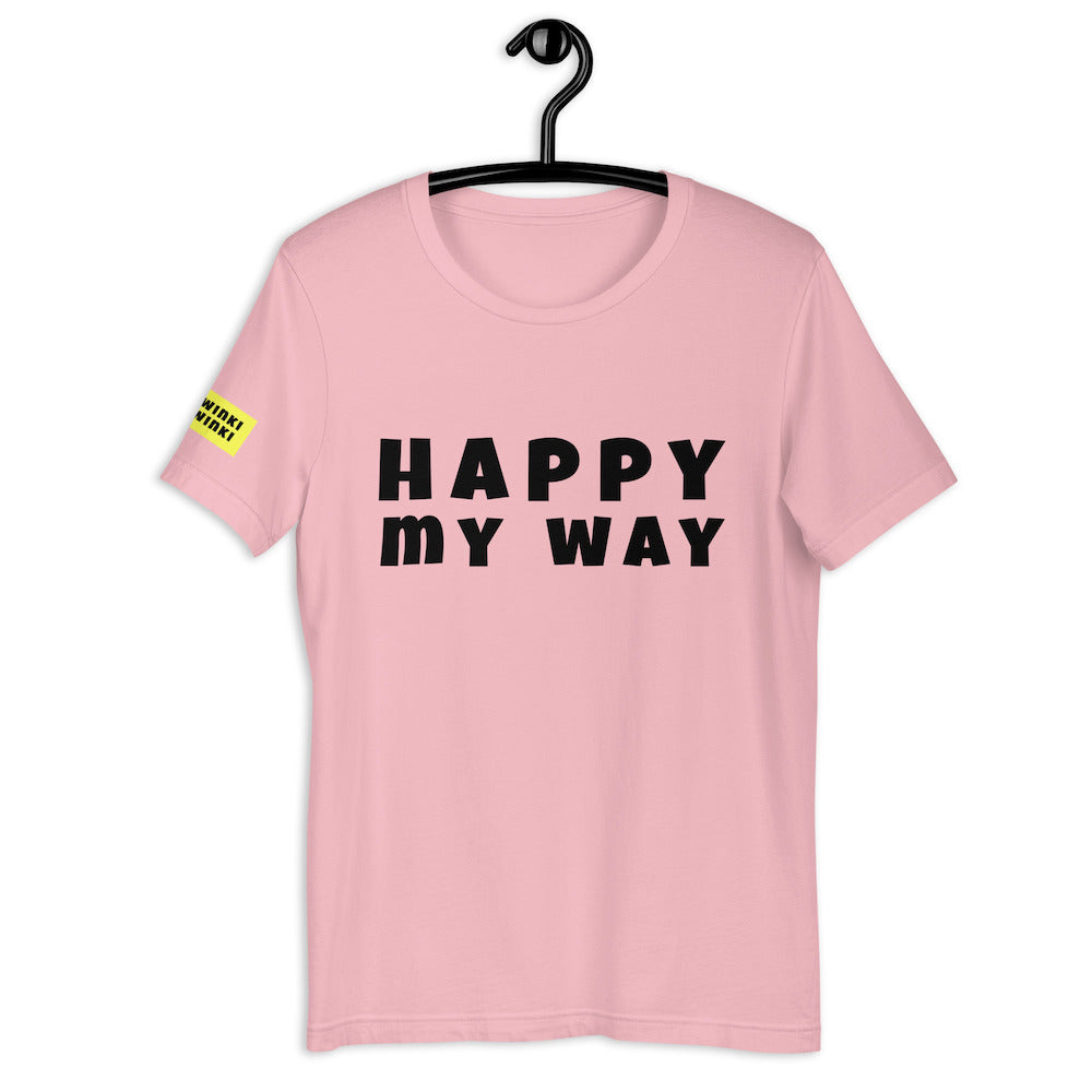 Cotton slogan tee in light pink color with slogan Happy My Way in black letters on front.