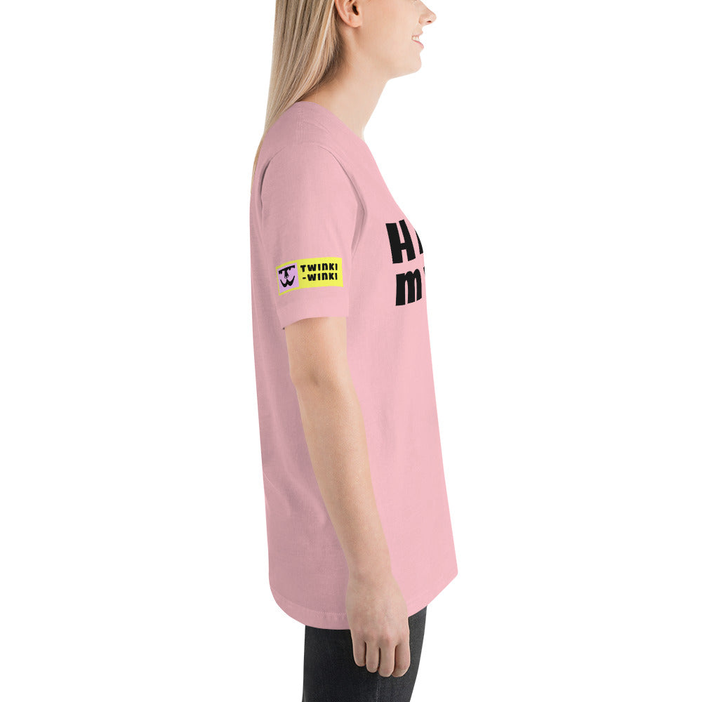 Young woman right side wearing cotton slogan tee in light pink color with slogan Happy My Way in black letters on front.