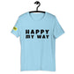 Cotton slogan tee in light blue color with slogan Happy My Way in black letters on front.