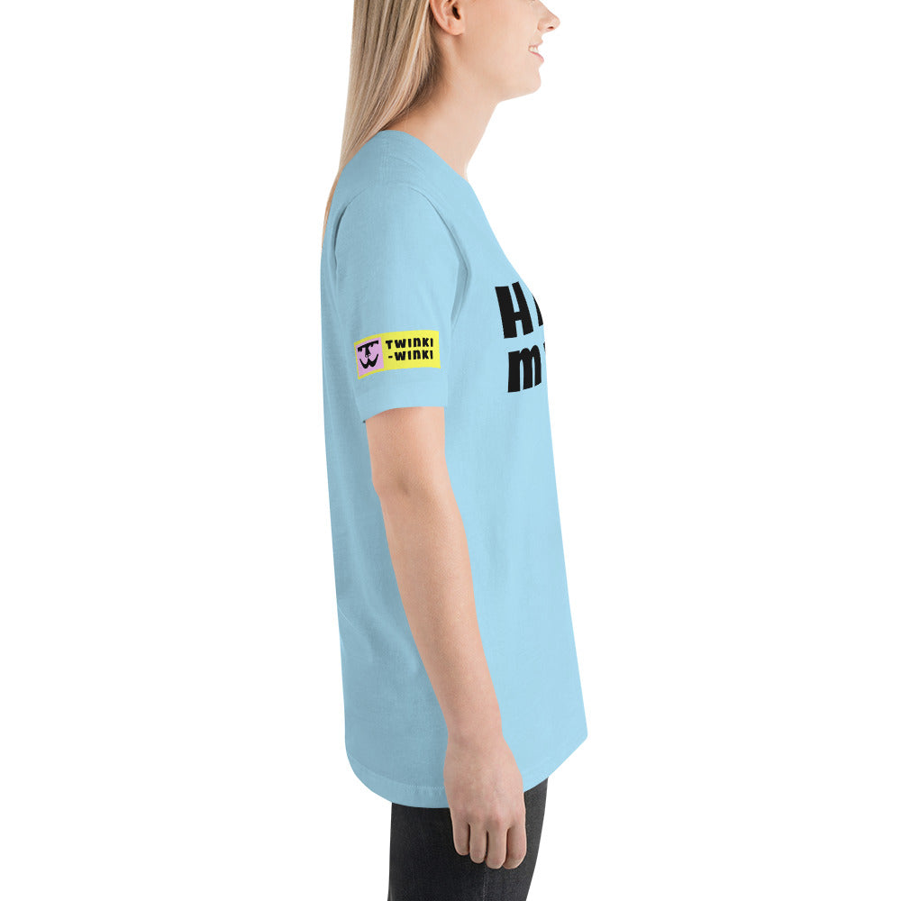 Young woman right side wearing cotton slogan tee in light blue color with slogan Happy My Way in black letters on front.