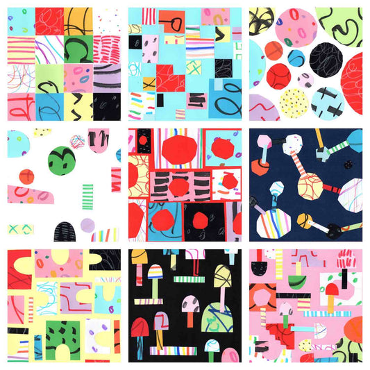 Colorful collage compositions with fun shapes by Alex Mitchell from the workshop Paper Collage Play Time.