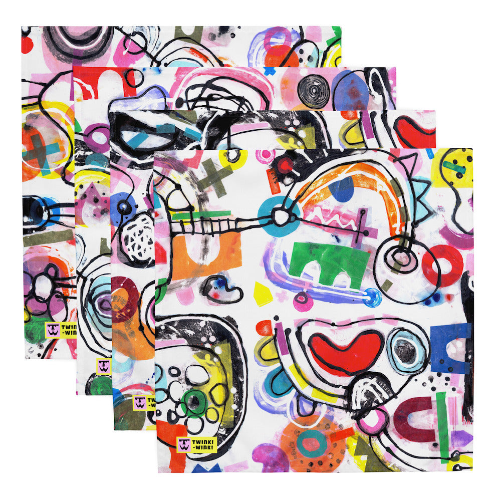 Arty graphic napkin set of four stacked together with happy multicolor Treasure Map print in a vibrant, cheerful, and playful style.