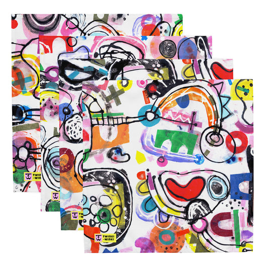Arty graphic napkin set of four stacked together with happy multicolor Treasure Map print in a vibrant, cheerful, and playful style.