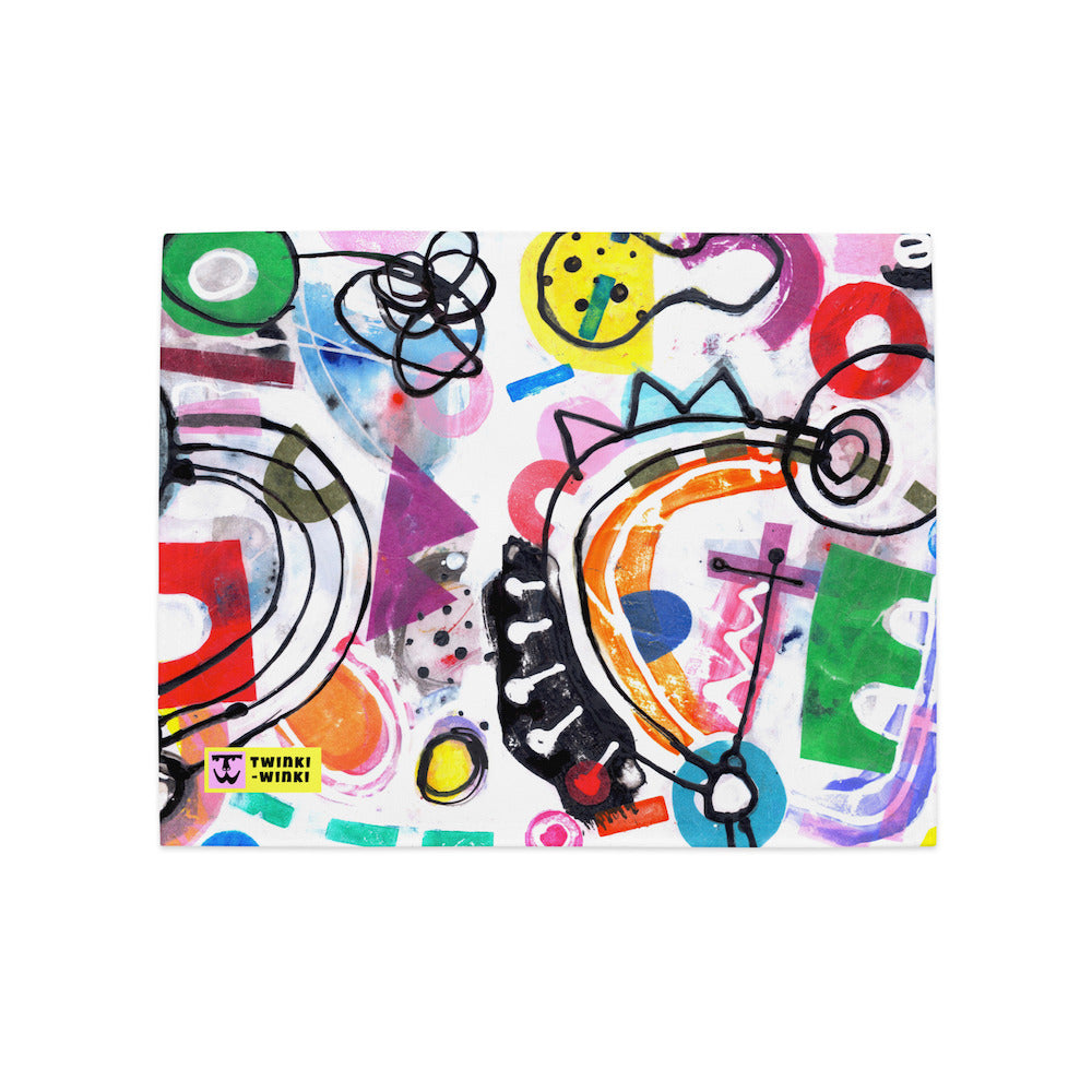 Arty graphic placemat with happy multicolor Treasure Map print in a vibrant, cheerful, and playful style, with folded corner. Design 2 of 4.